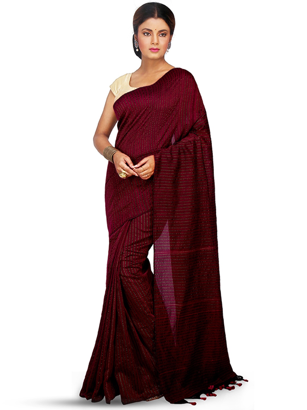 

BENGAL HANDLOOM Striped Woven Design Zari Art Silk Taant Saree, Magenta