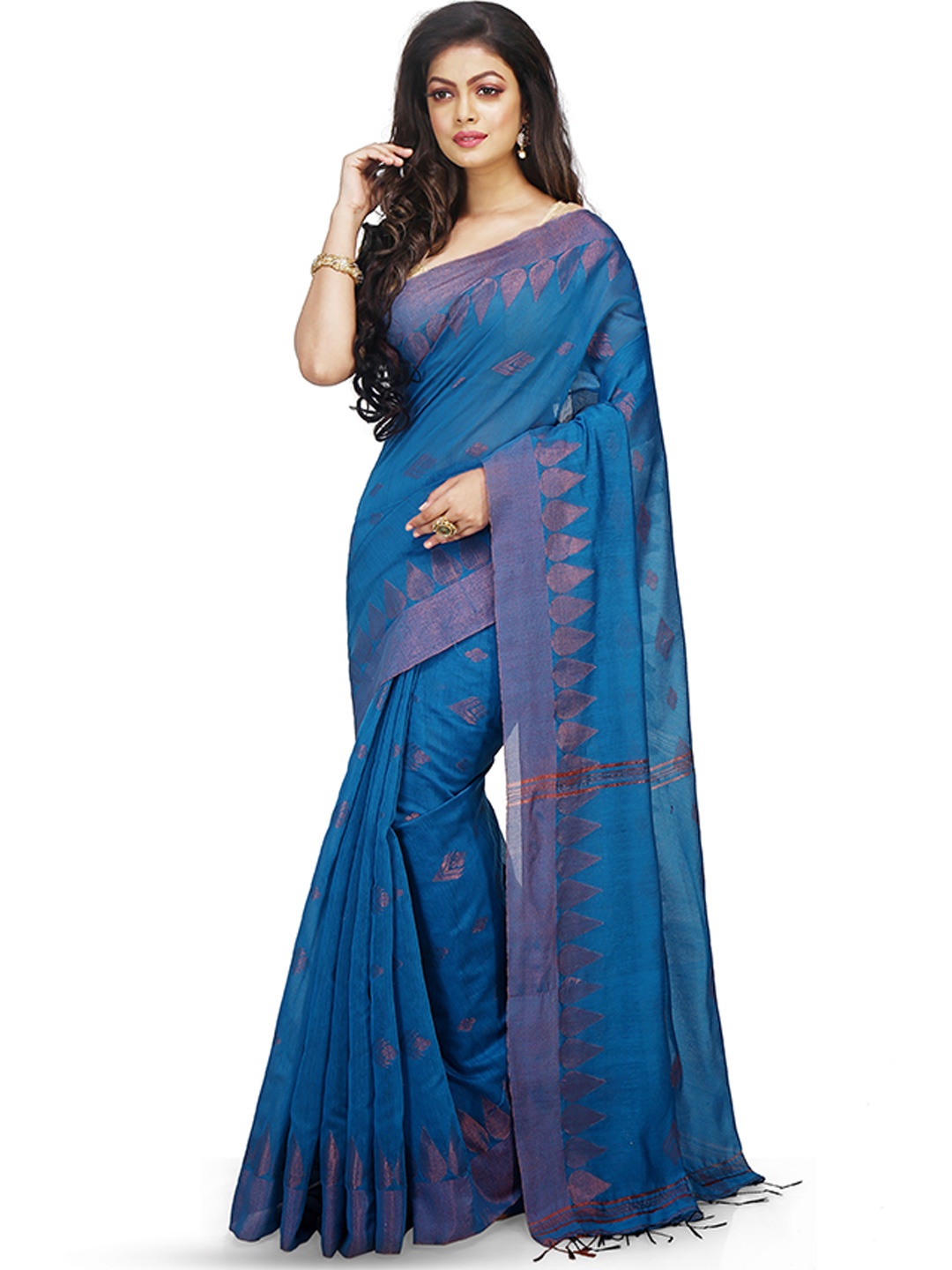 

BENGAL HANDLOOM Ethnic Motifs Woven Design Art Silk Taant Saree, Turquoise blue