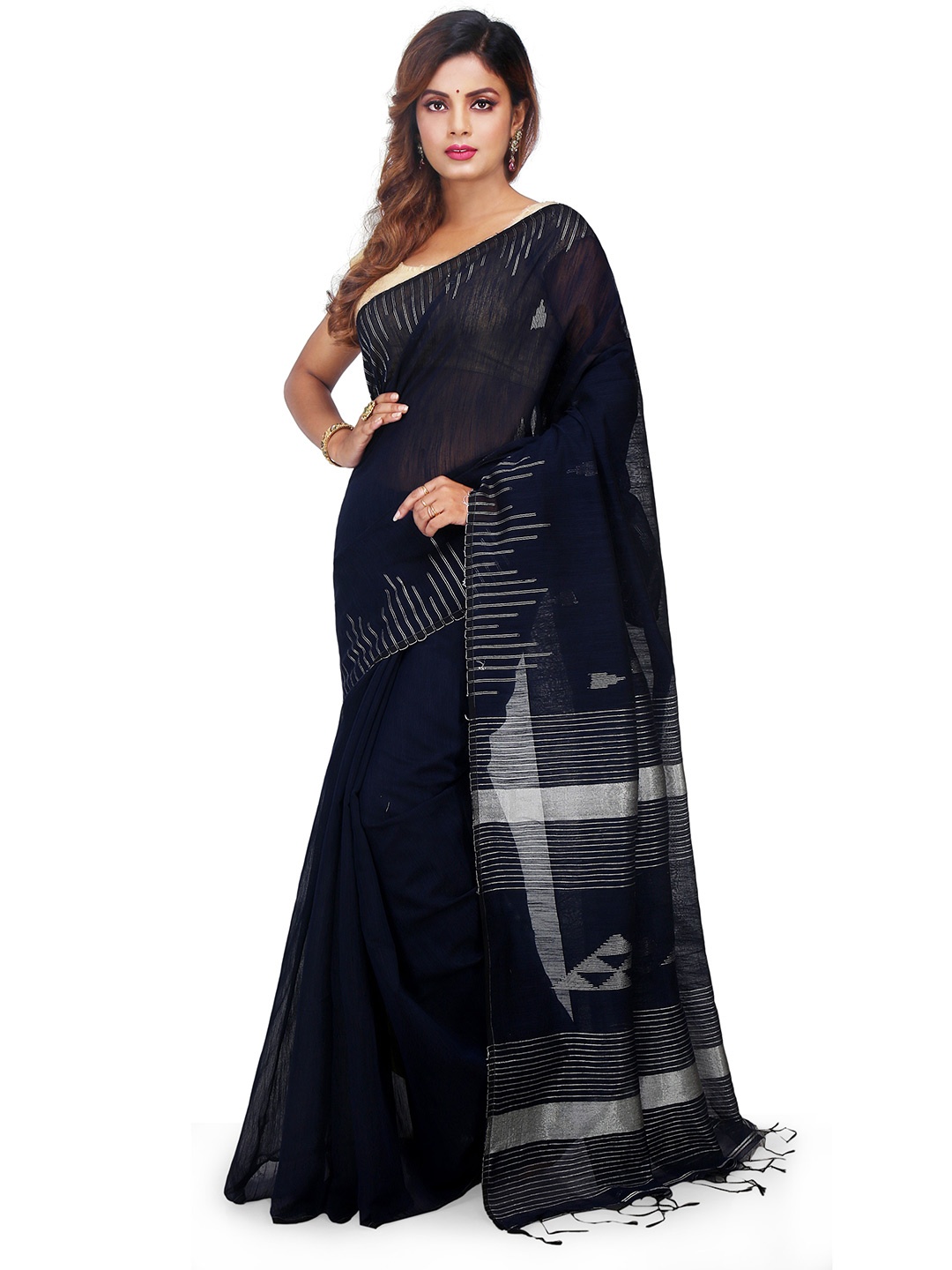 

BENGAL HANDLOOM Striped Woven Design Art Silk Taant Saree, Black