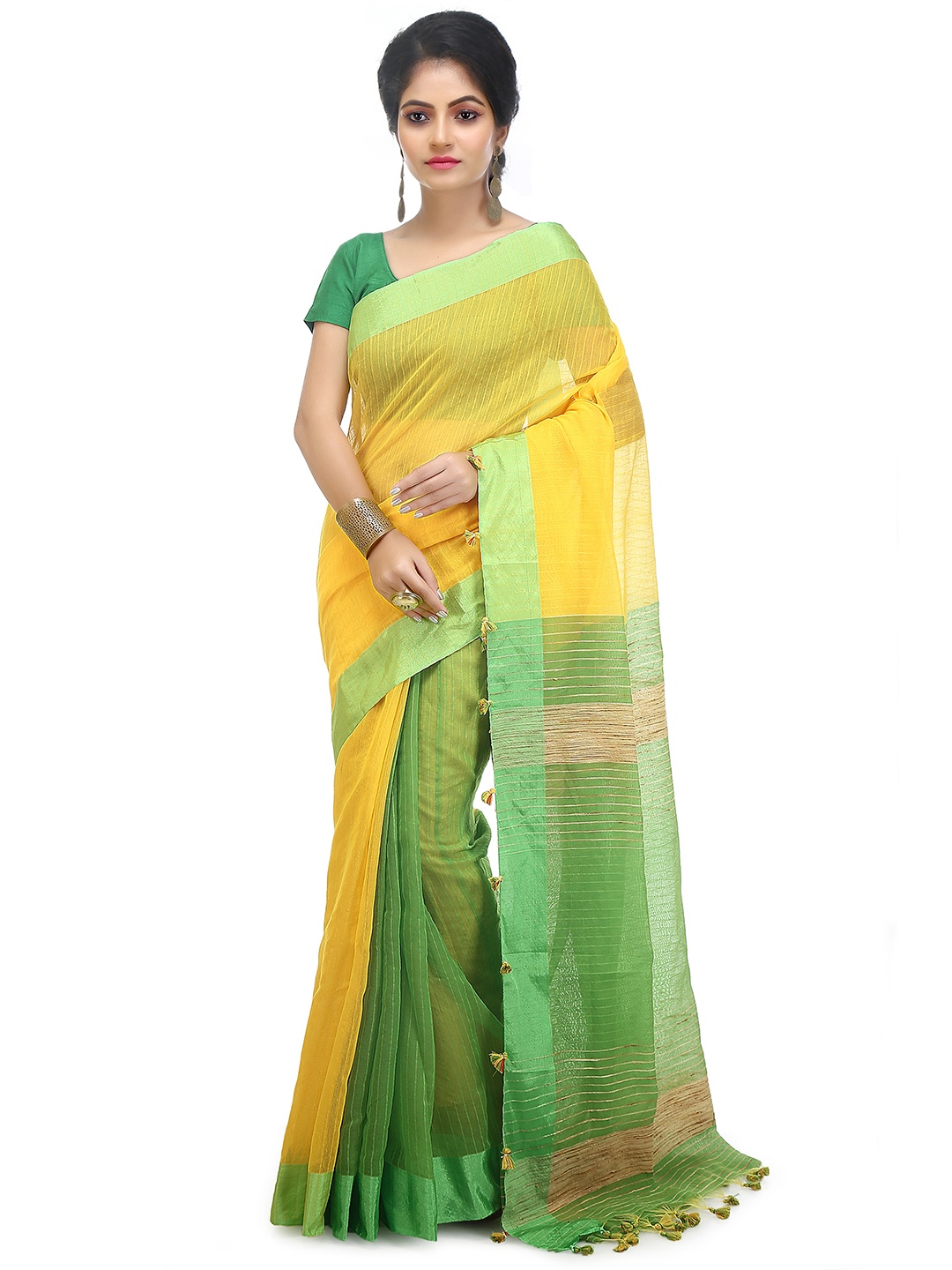 

BENGAL HANDLOOM Striped Woven Design Art Silk Taant Saree, Yellow