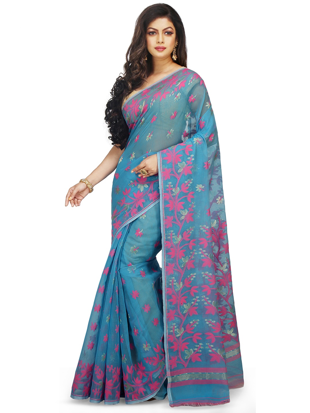 

BENGAL HANDLOOM Floral Printed Art Silk Jamdani Saree, Navy blue