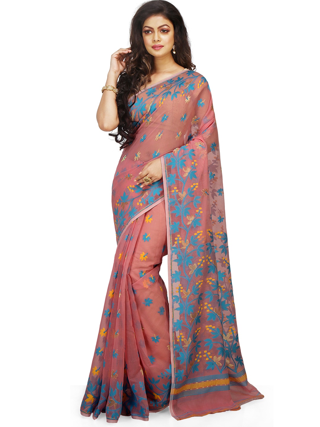 

BENGAL HANDLOOM Floral Printed Zari Art Silk Jamdani Saree, Pink