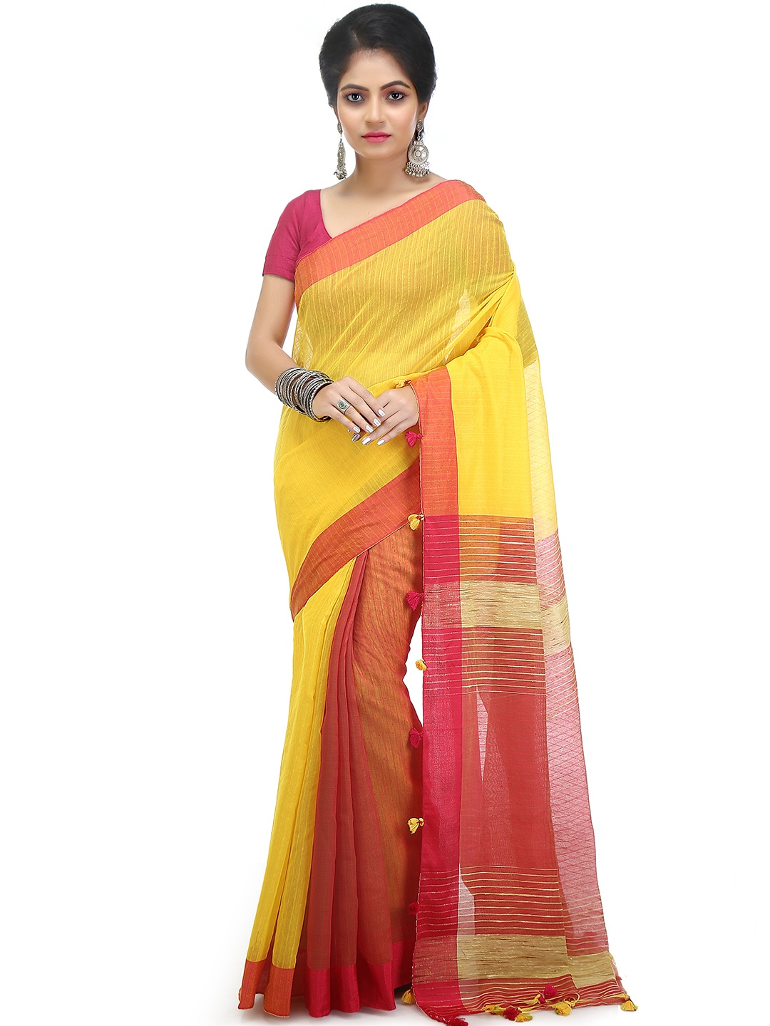 

BENGAL HANDLOOM Striped Woven Design Art Silk Taant Saree, Yellow