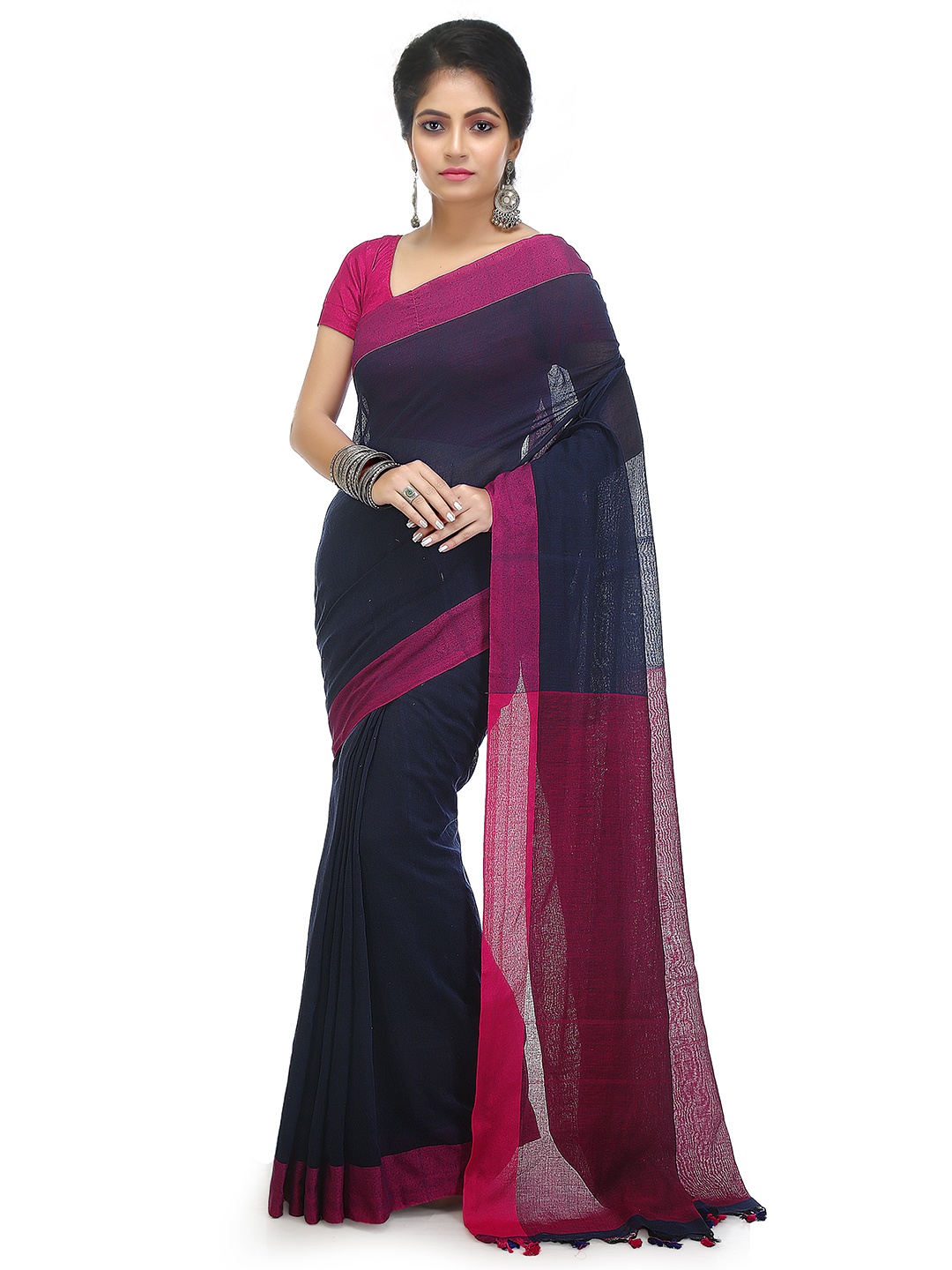 

BENGAL HANDLOOM Woven Design Art Silk Taant Saree, Blue