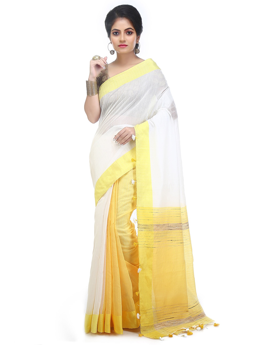 

BENGAL HANDLOOM Colourblocked Woven Design Art Silk Taant Saree, White