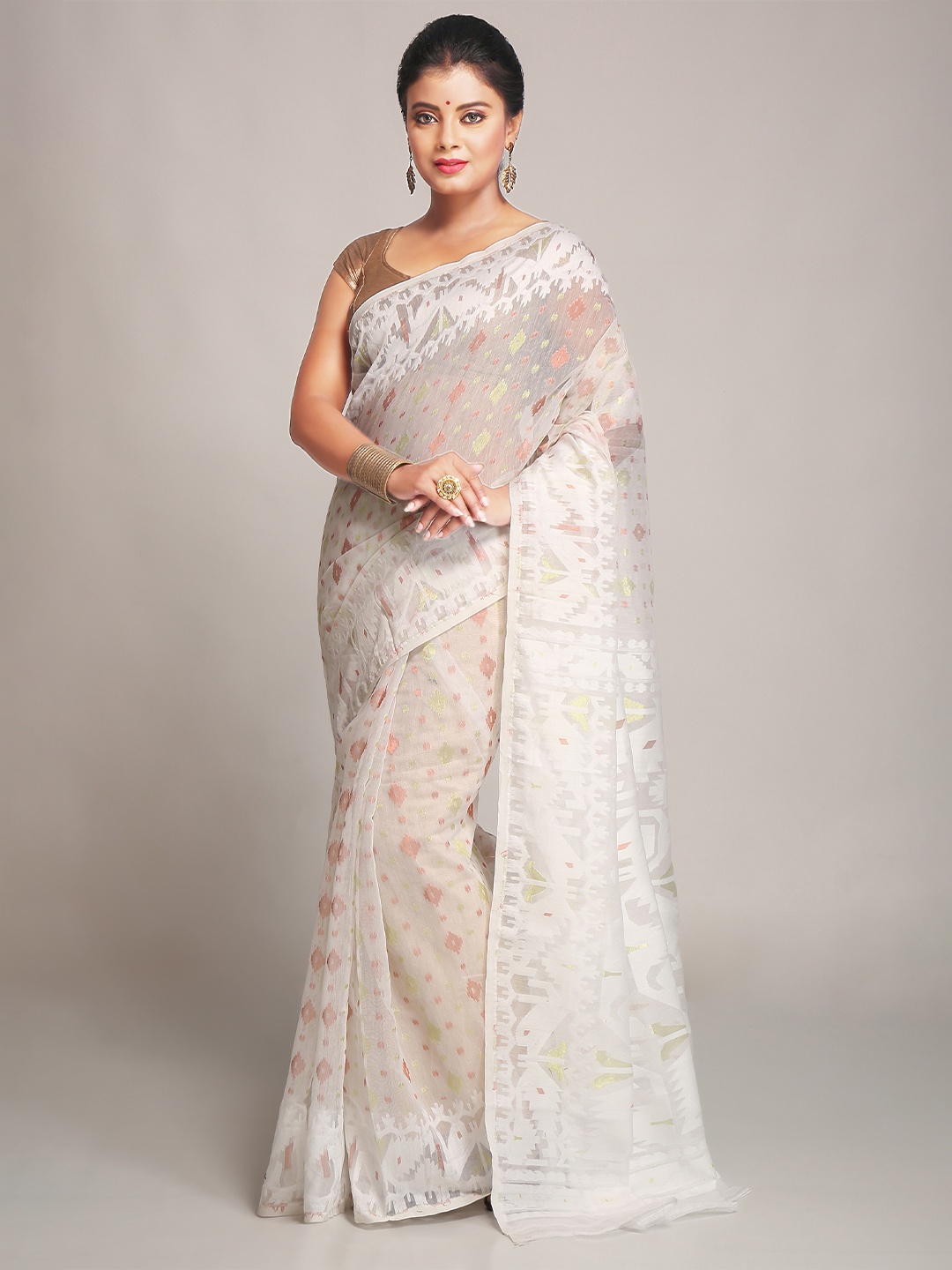

BENGAL HANDLOOM Ethnic Motifs Woven Design Art Silk Jamdani Saree, White