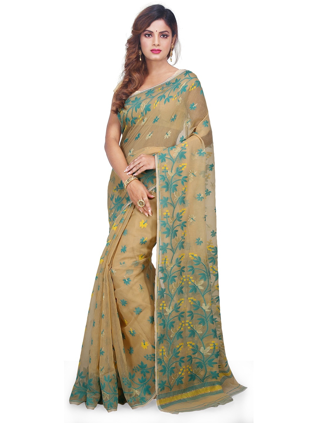 

BENGAL HANDLOOM Floral Woven Design Jamdani Saree, Beige