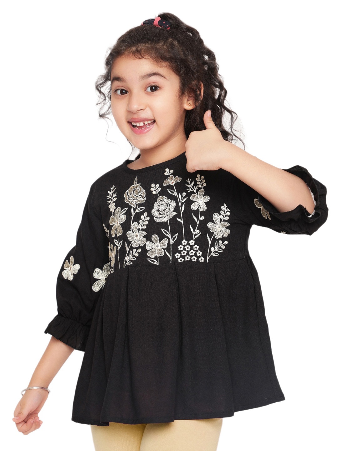 

BAESD Girls Embroidered Round Neck Puff Sleeve Empire Top, Black