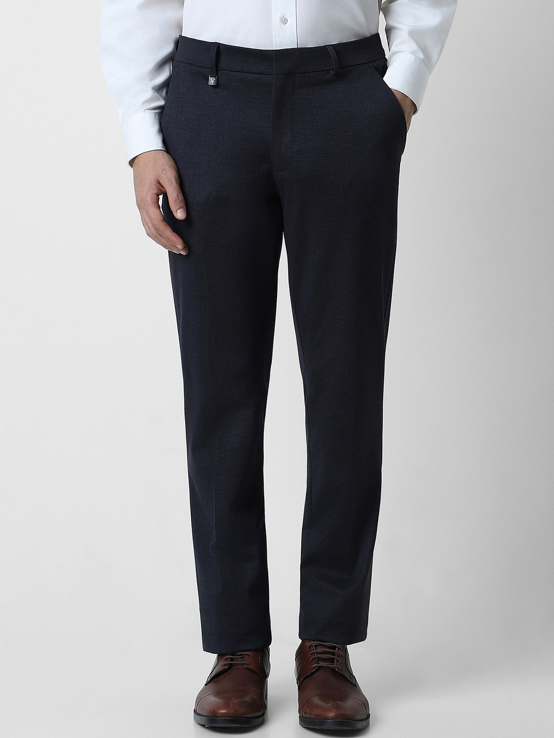 

V Dot Men Textured Mid-Rise Skinny Fit Formal Trousers, Navy blue