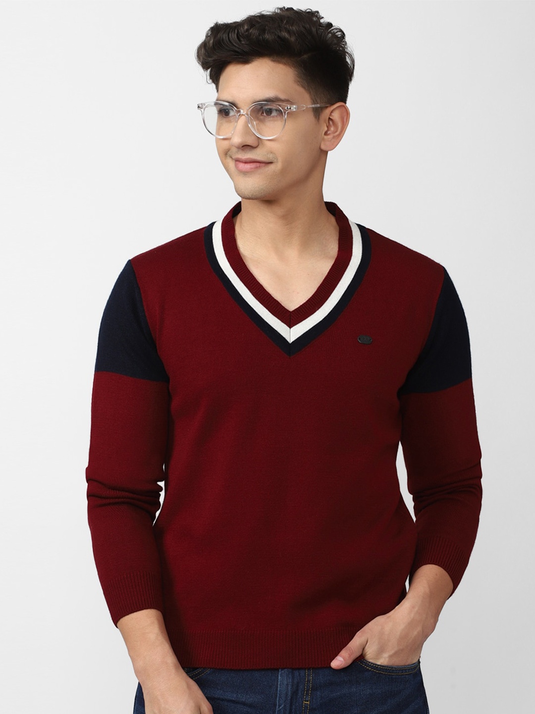 

Peter England Casuals Colourblocked Ribbed Pullover Sweater, Maroon