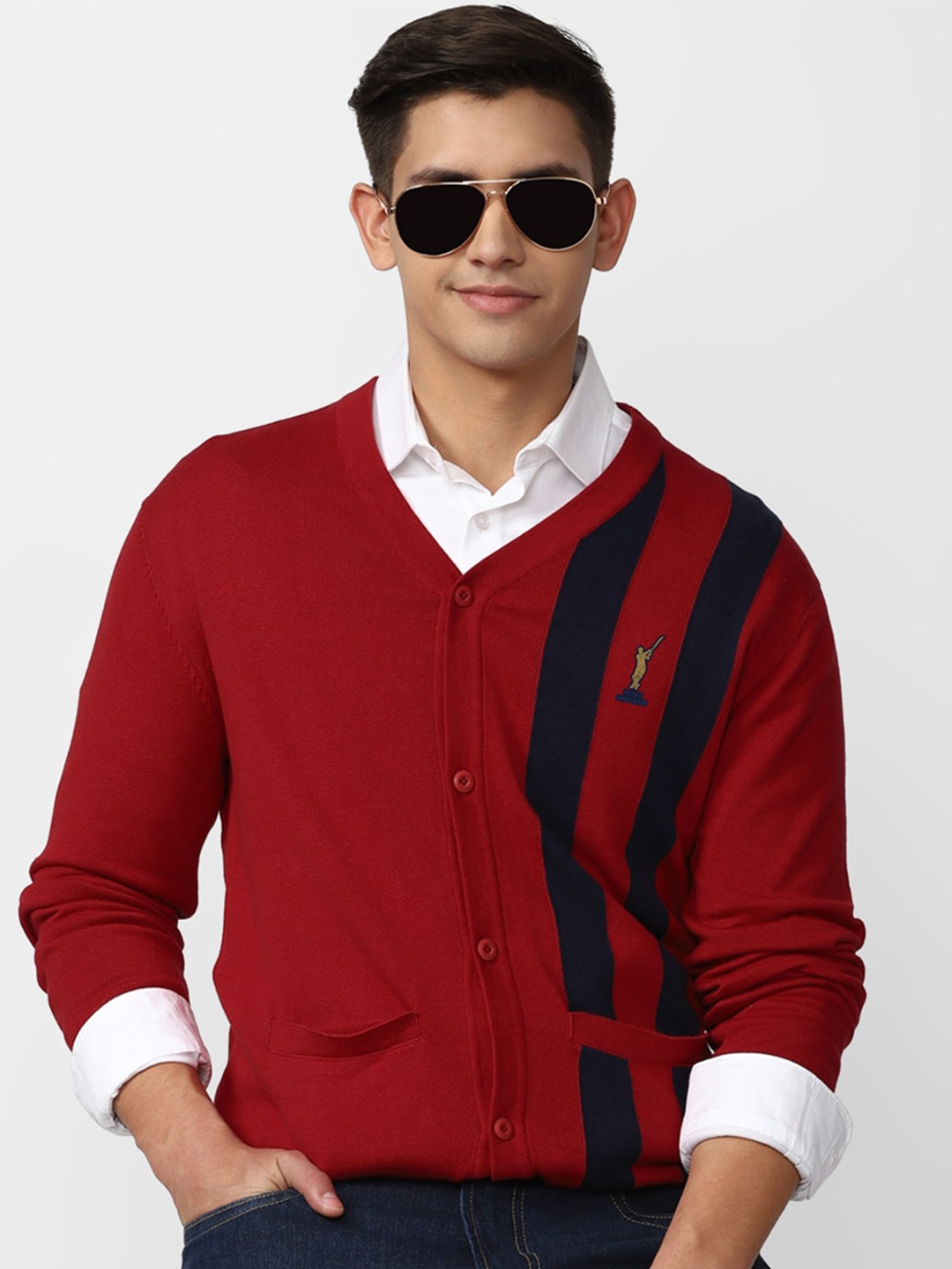 

Peter England Casuals V-Neck Striped Acrylic Cardigan Sweater, Red