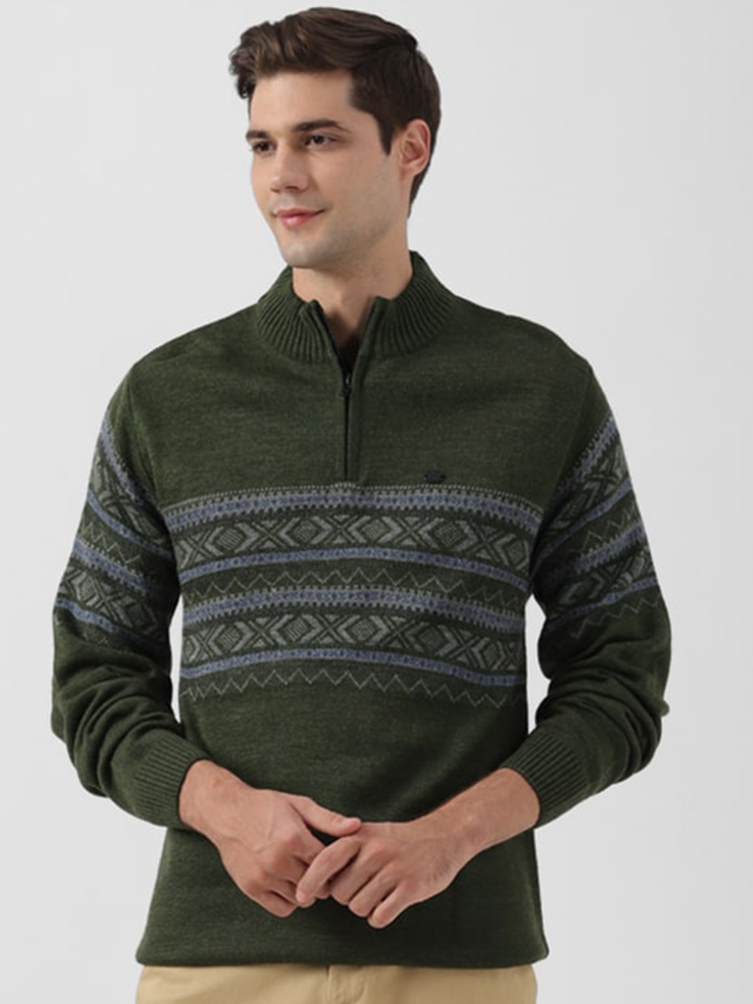 

Peter England Casuals Turtle Neck Geometric Printed Pullover Sweater, Green