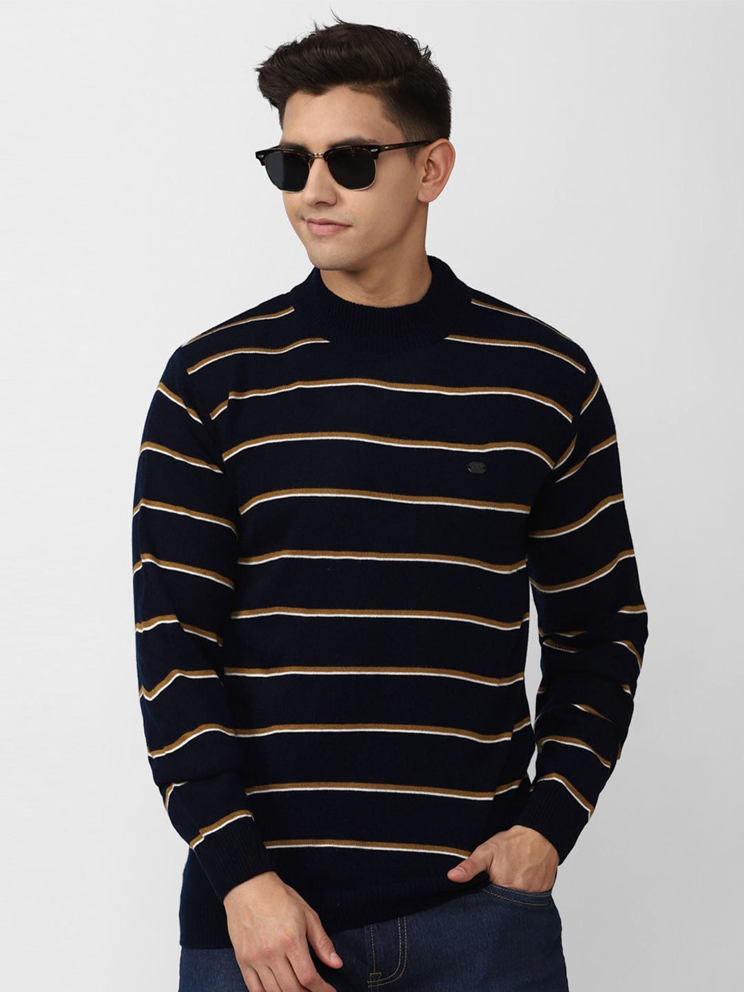 

Peter England Casuals Turtle Neck Long Sleeves Ribbed Hem Striped Regular Pullover, Black