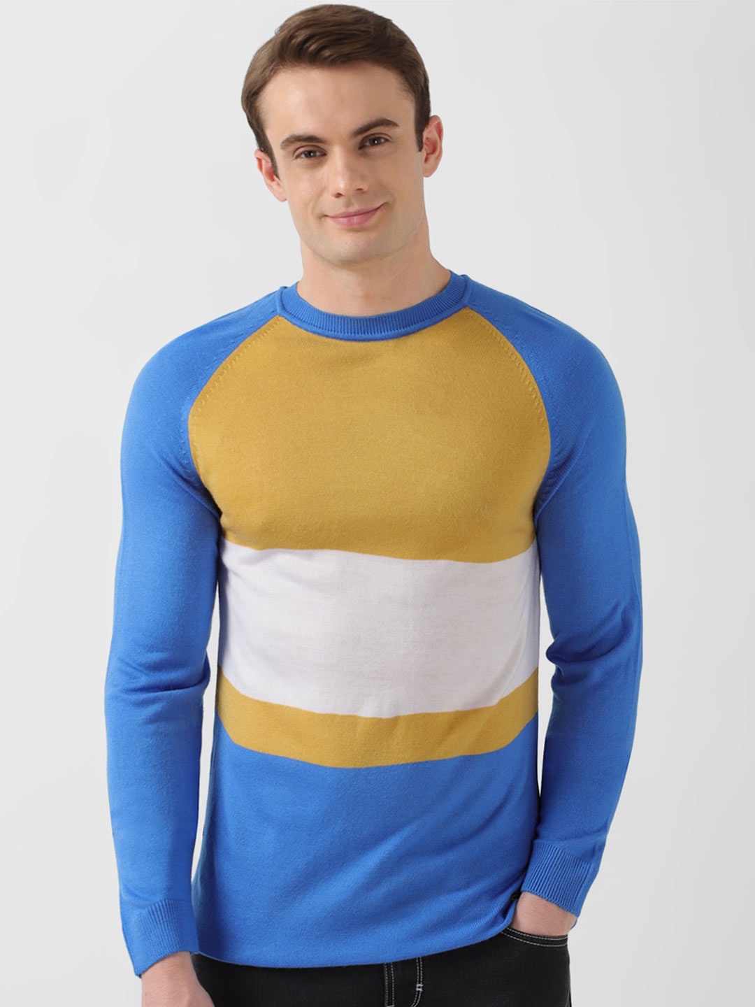 

Peter England Casuals Round Neck Long Sleeves Colourblocked Ribbed Hem Regular Pullover, Blue