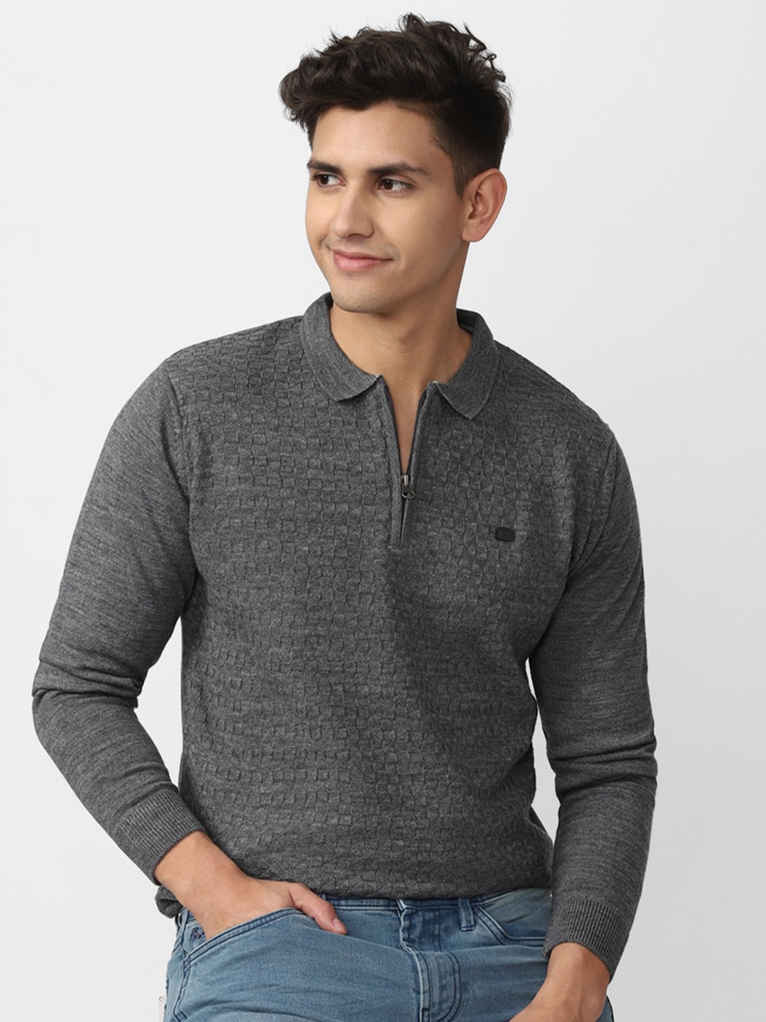 

Peter England Casuals Open Knit Peter Pan Collar Front-Open Sweater, Grey