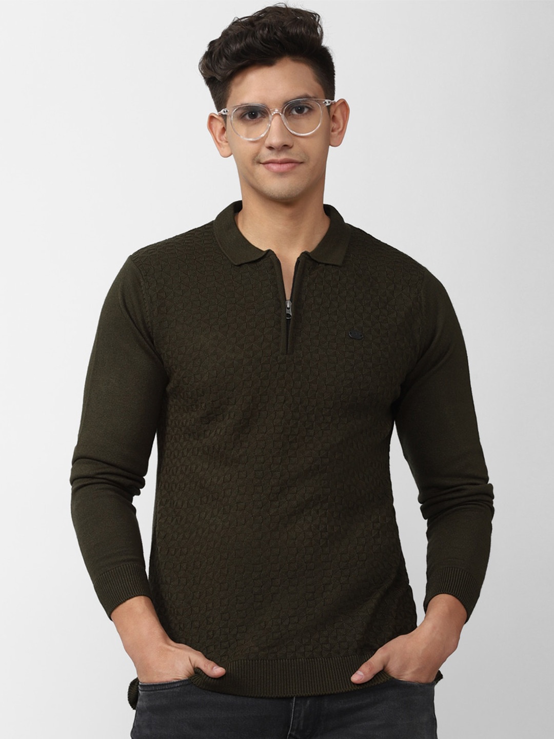 

Peter England Casuals Geometric Printed Front-Open Sweater, Olive