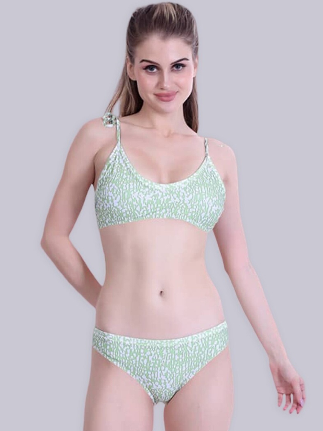 

BOLD & BAE Abstract Printed Shoulder Straps Swim Bikini Set, Green