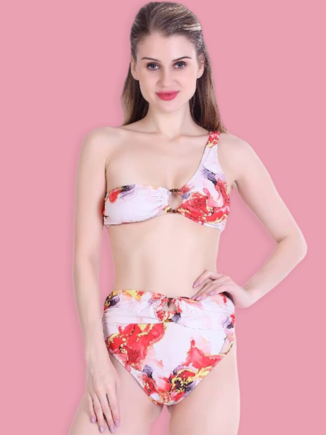 

BOLD & BAE Abstract Printed One Shoulder Swim Bikini Set, White