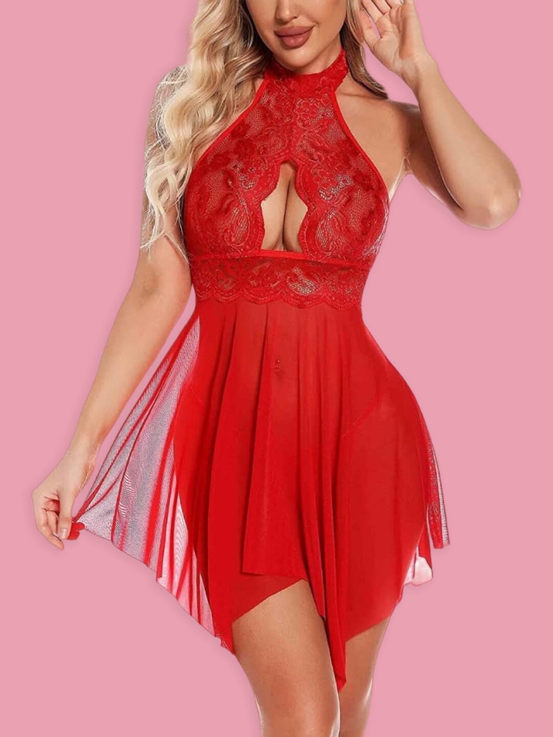 

BOLD & BAE Self Design Halter Neck Baby Dolls, Red