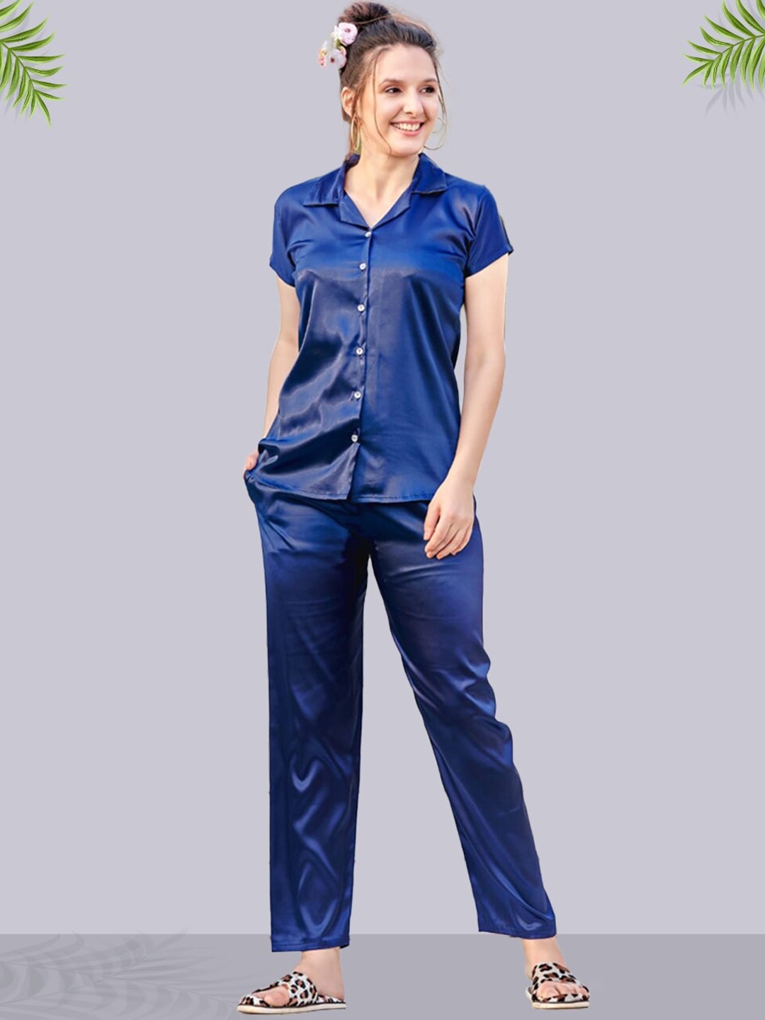 

BOLD & BAE Lapel Collar Short Sleeves Satin Night Suit, Navy blue