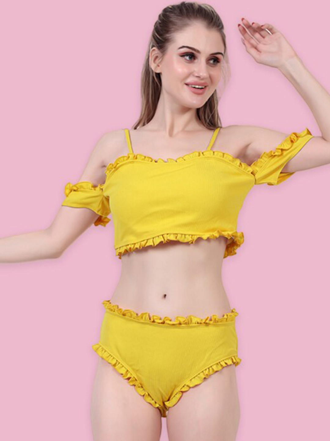 

BOLD & BAE Ribbed Shoulder Straps Full Coverage Swim Bikini Set, Yellow