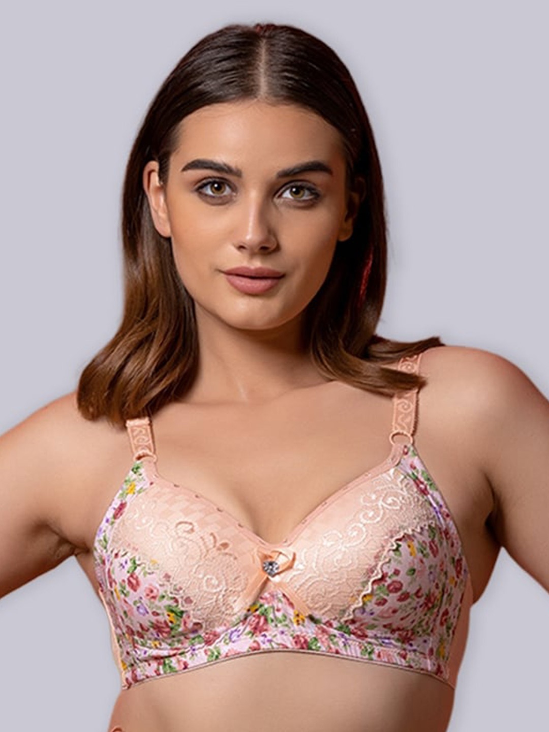 

BOLD & BAE Floral Printed Lightly Padded Cotton Everyday Bra- All Day Comfort, Peach