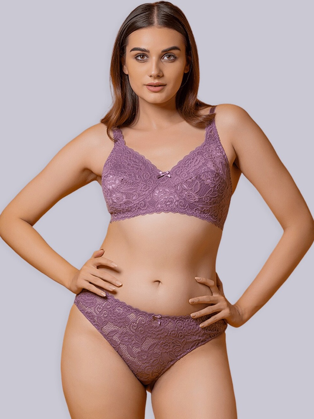 

BOLD & BAE Self Design Cotton Bra & Briefs, Violet