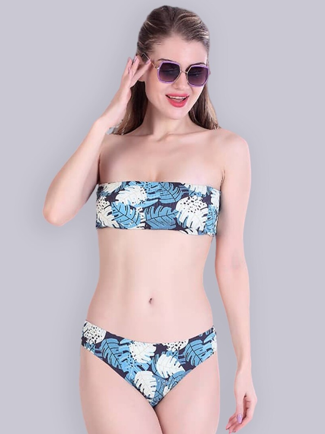 

BOLD & BAE Tropical Printed Strapless Low Coverage Swim Bikini Set, Blue