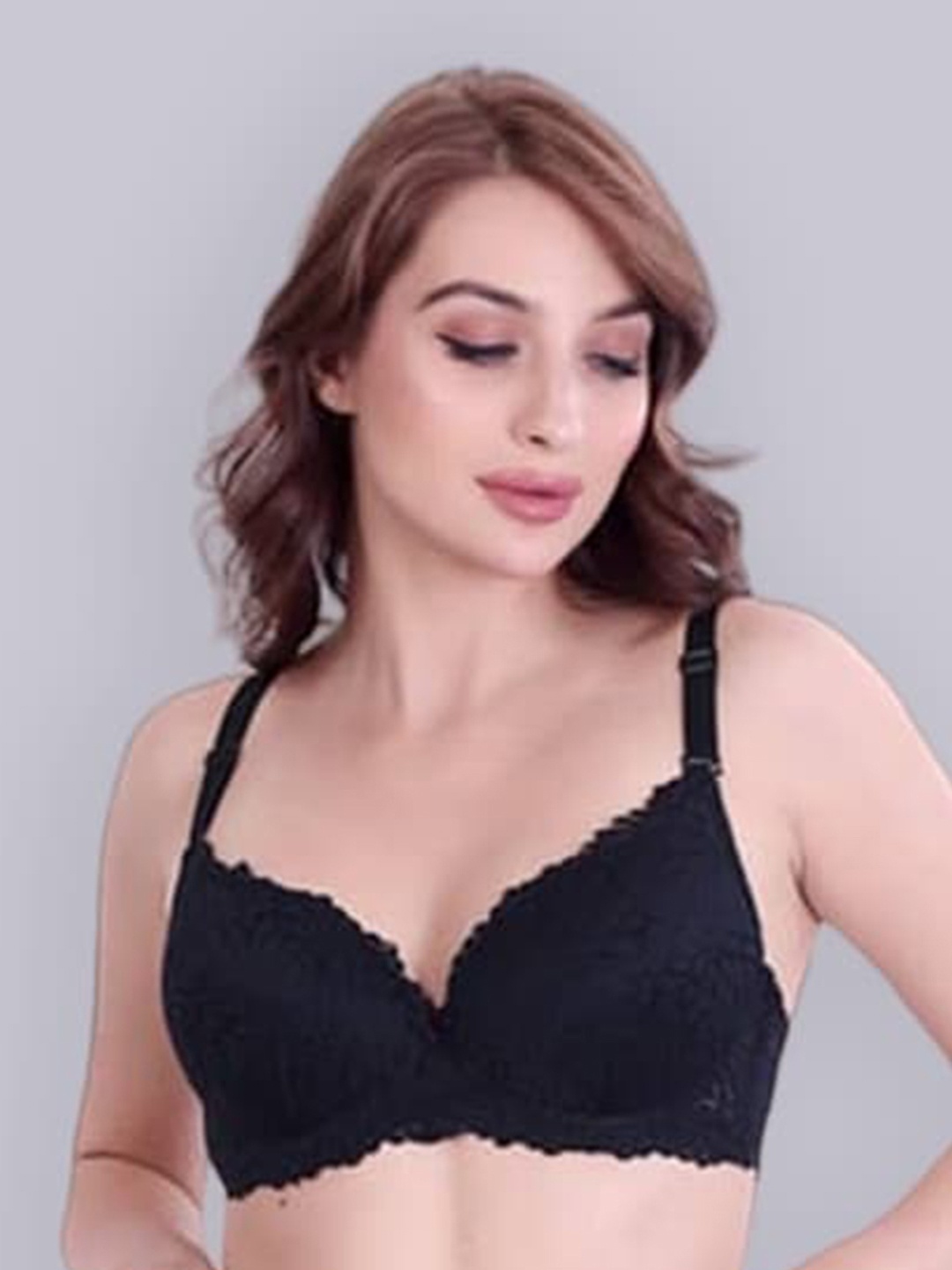 

BOLD & BAE Floral Lace Full Coverage Lightly Padded Nylon Everyday Bra- All Day Comfort, Black