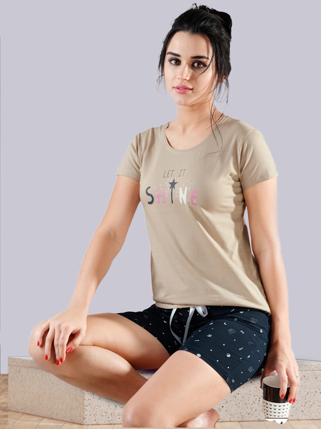 

BOLD & BAE Typography Printed Night suit, Beige