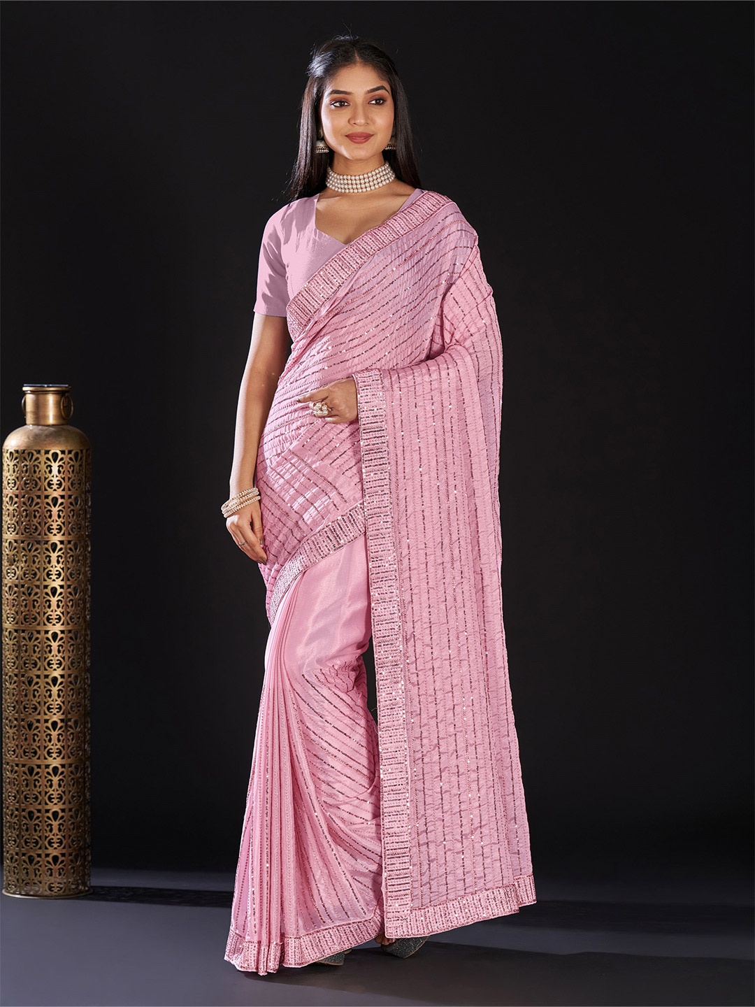 

Celeb Styles Striped Sequinned Party Wear Saree, Pink