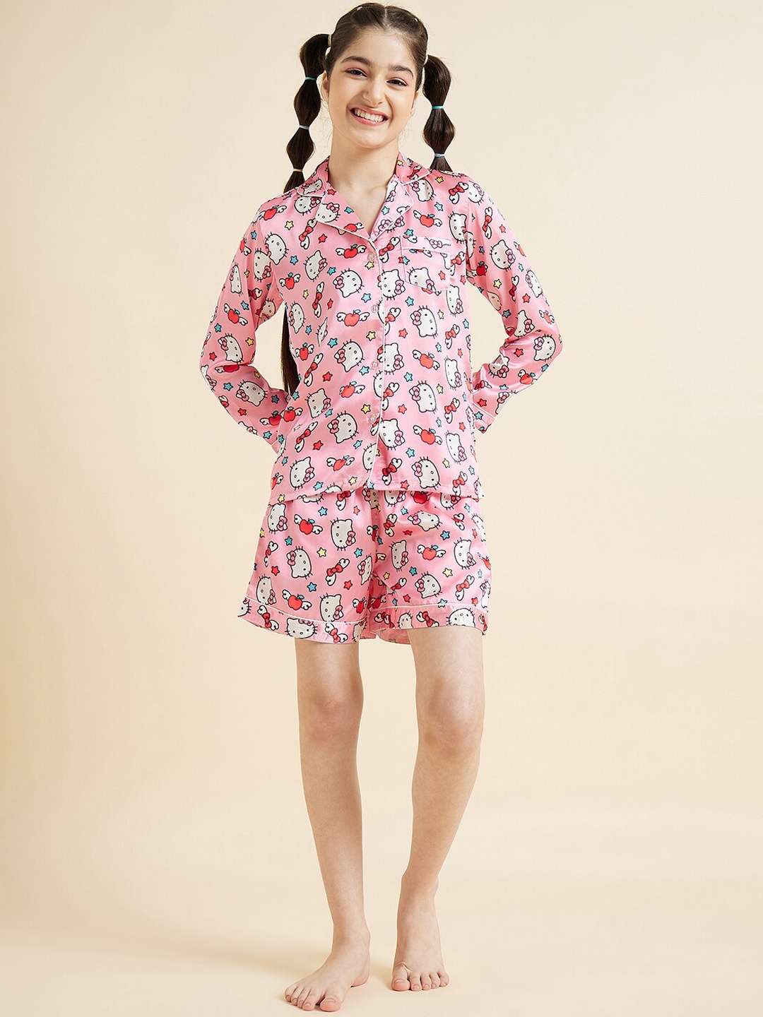 

Cherry & Jerry Girls Hello Kitty Printed Long Sleeves Satin Night suit, Pink