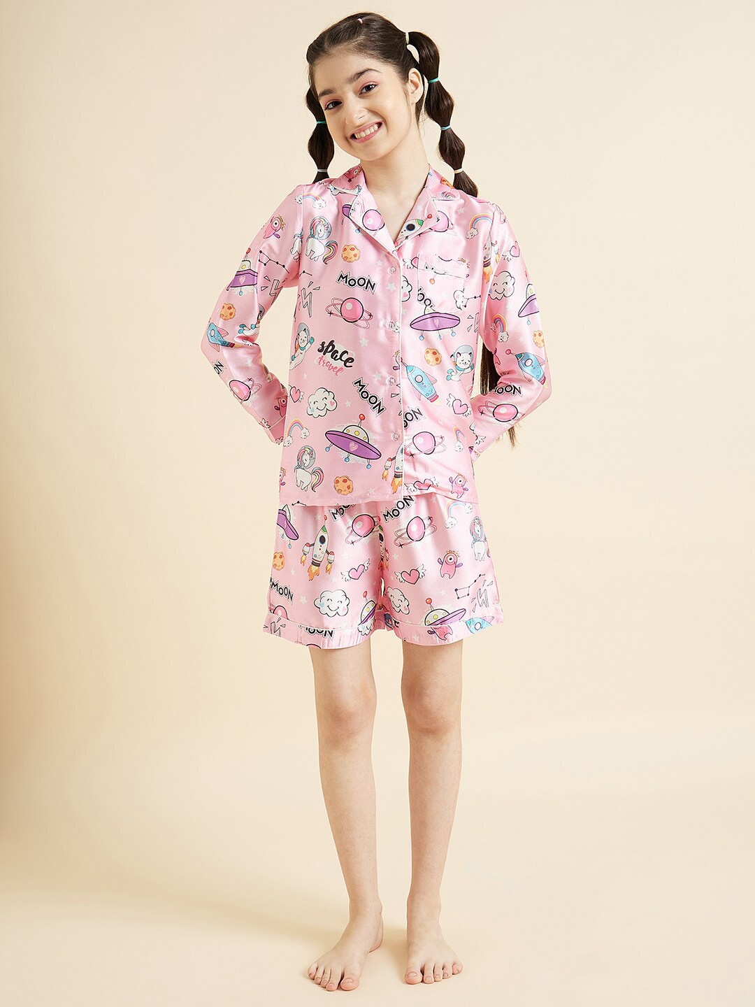 

Cherry & Jerry Girls Printed Long Sleeves Satin Night suit, Pink
