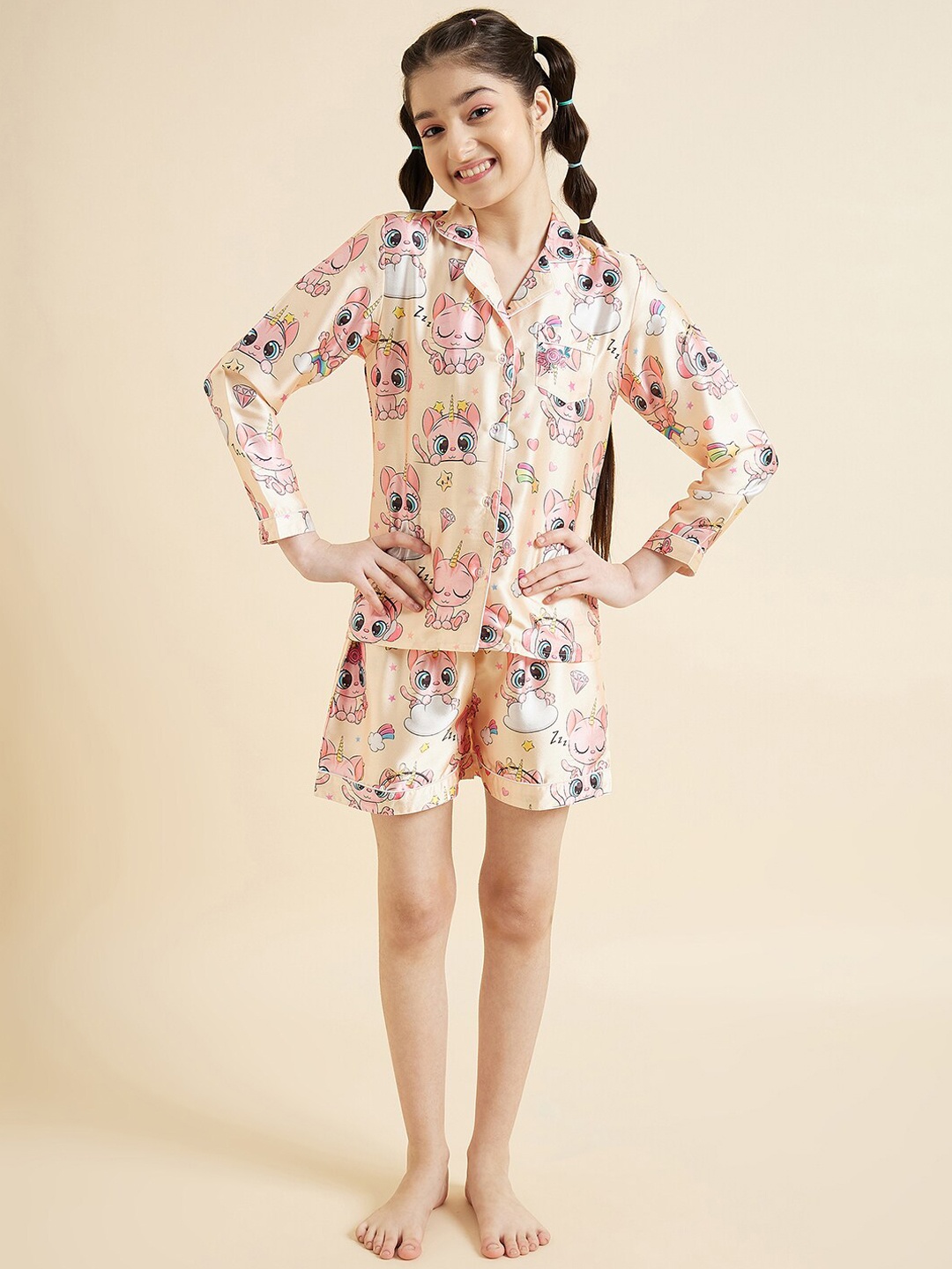 

Cherry & Jerry Girls Conversational Printed Lapel Collar Satin Shirt With Shorts, Cream