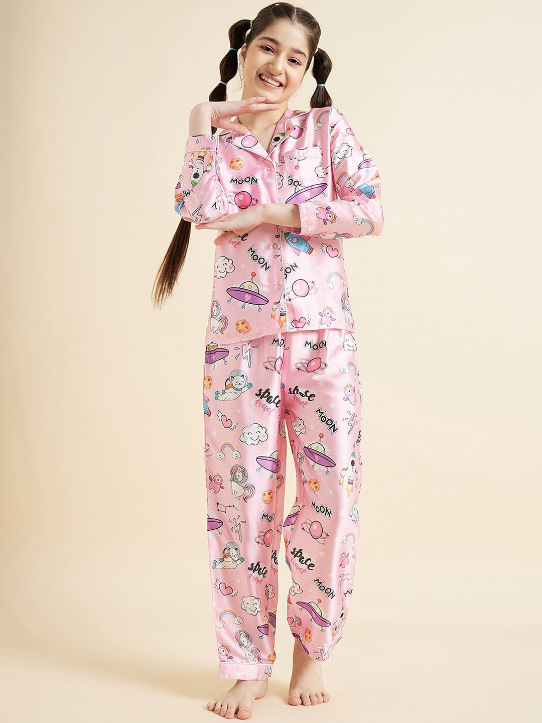 

Cherry & Jerry Girls Printed Satin Night Suit, Pink