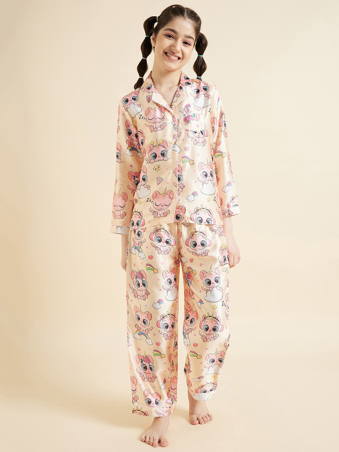 

Cherry & Jerry Girls Graphic Printed Long Sleeves Satin Night suit, Cream