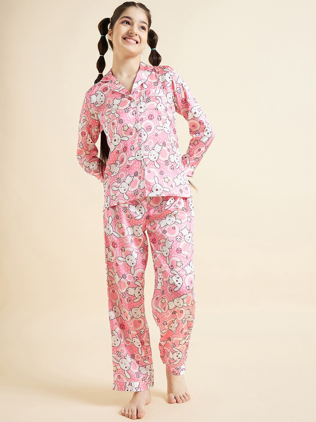 

Cherry & Jerry Girls Conversational Printed Satin Night suit, Pink