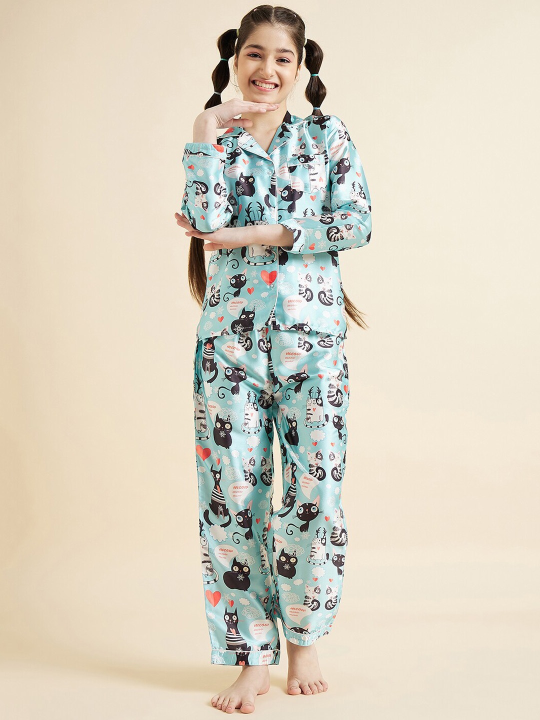 

Cherry & Jerry Girls Printed Long Sleeves Satin Night suit, Turquoise blue