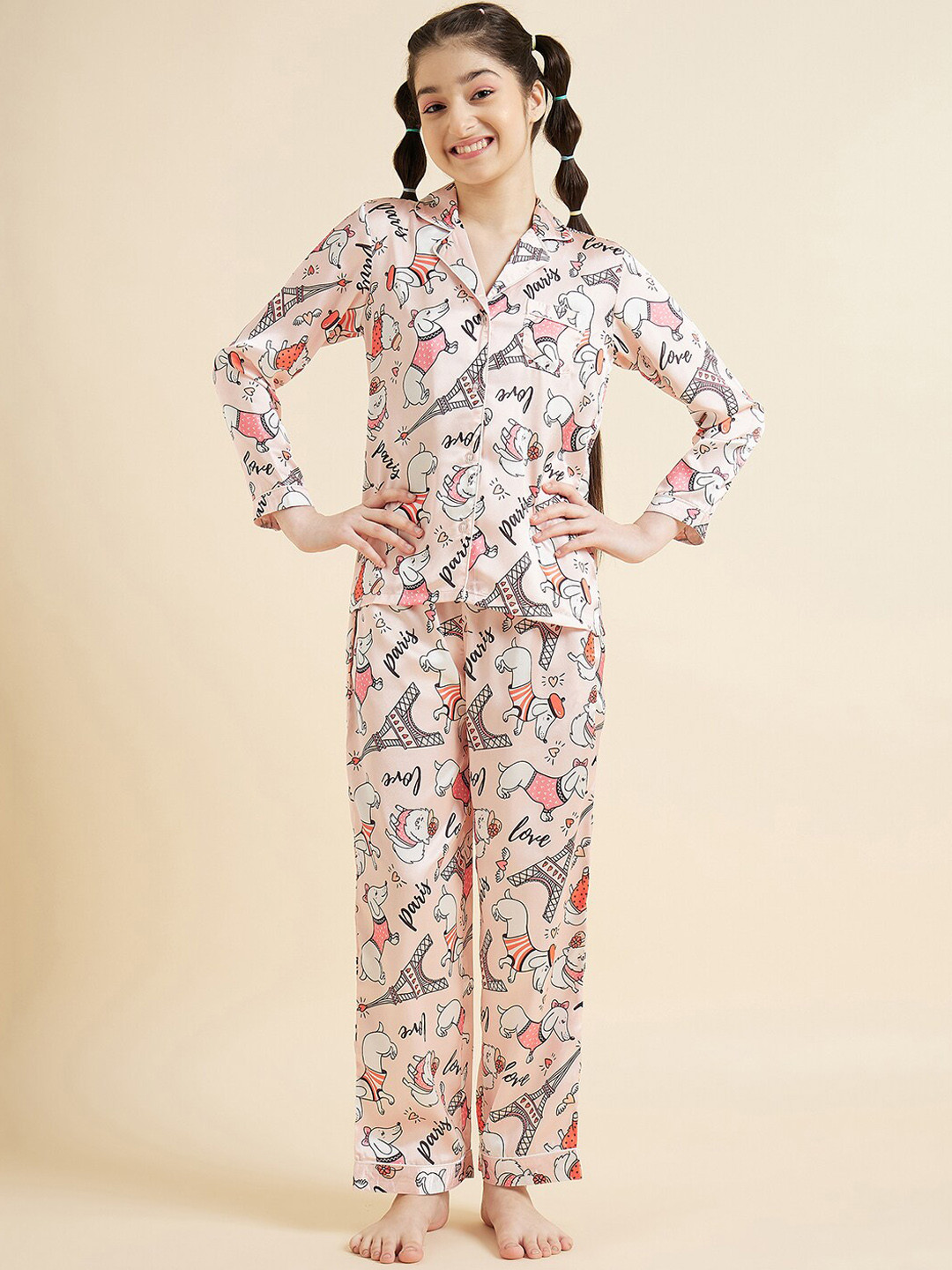 

Cherry & Jerry Girls Printed Satin Night Suit, Peach