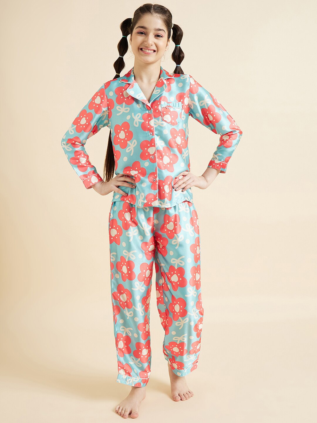 

Cherry & Jerry Girls Floral Printed Long Sleeves Satin Night suit, Blue