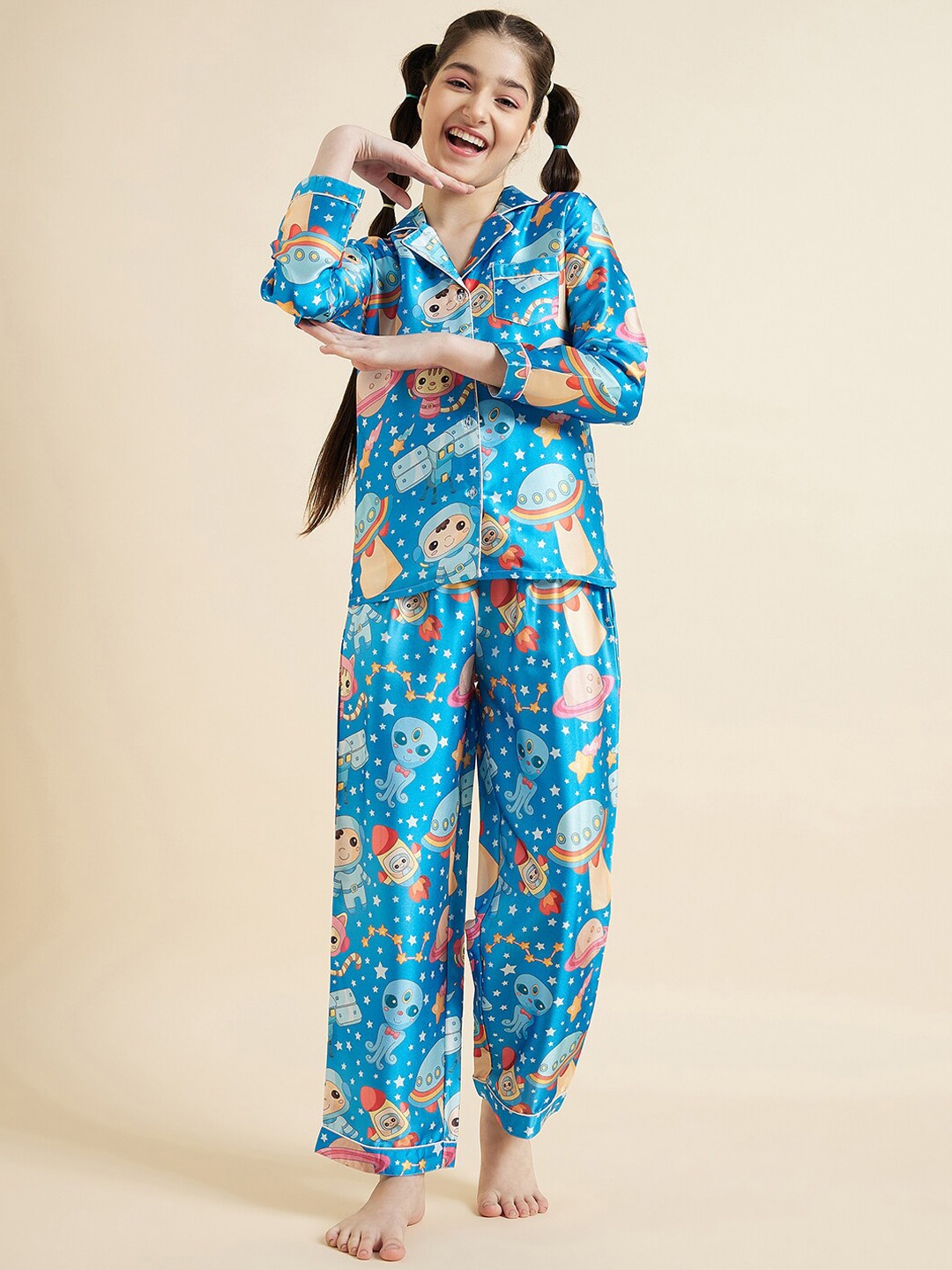 

Cherry & Jerry Girls Printed Satin Night Suit, Blue