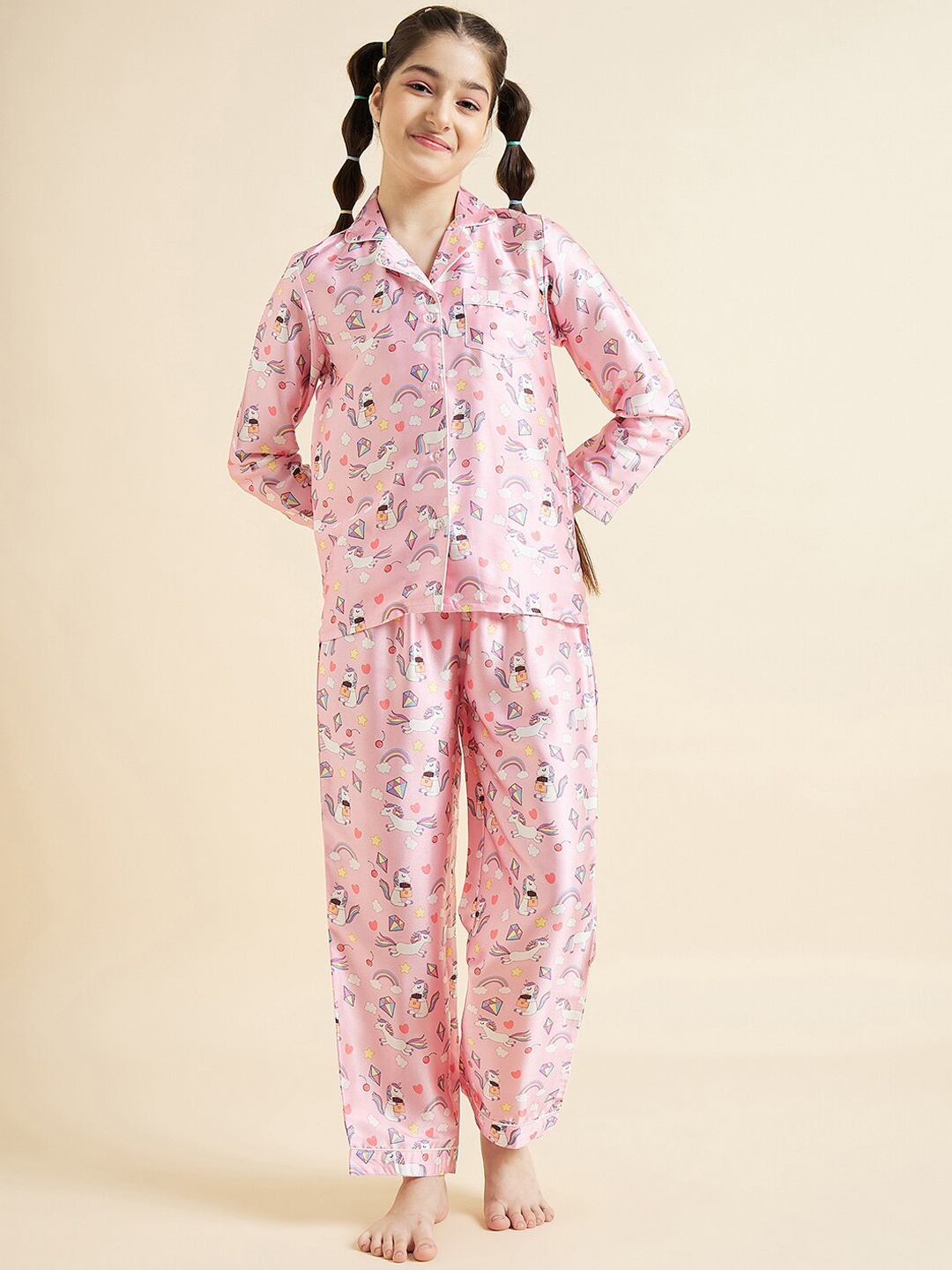 

Cherry & Jerry Girls Printed Satin Night Suit, Pink