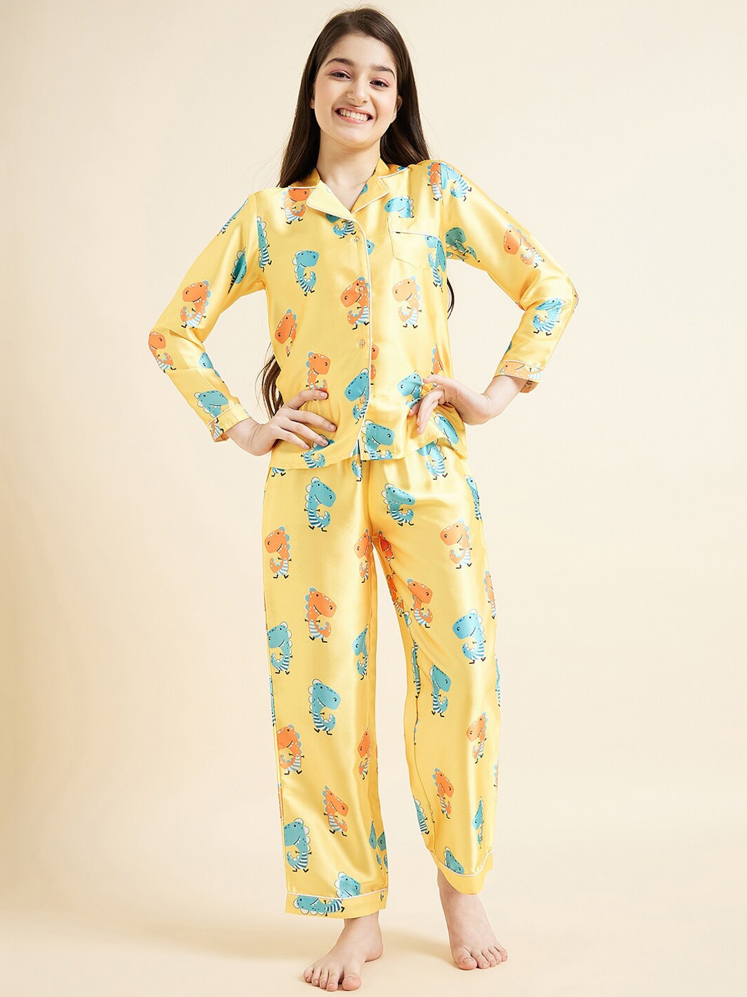 

Cherry & Jerry Girls Conversational Printed Satin Night suit, Yellow