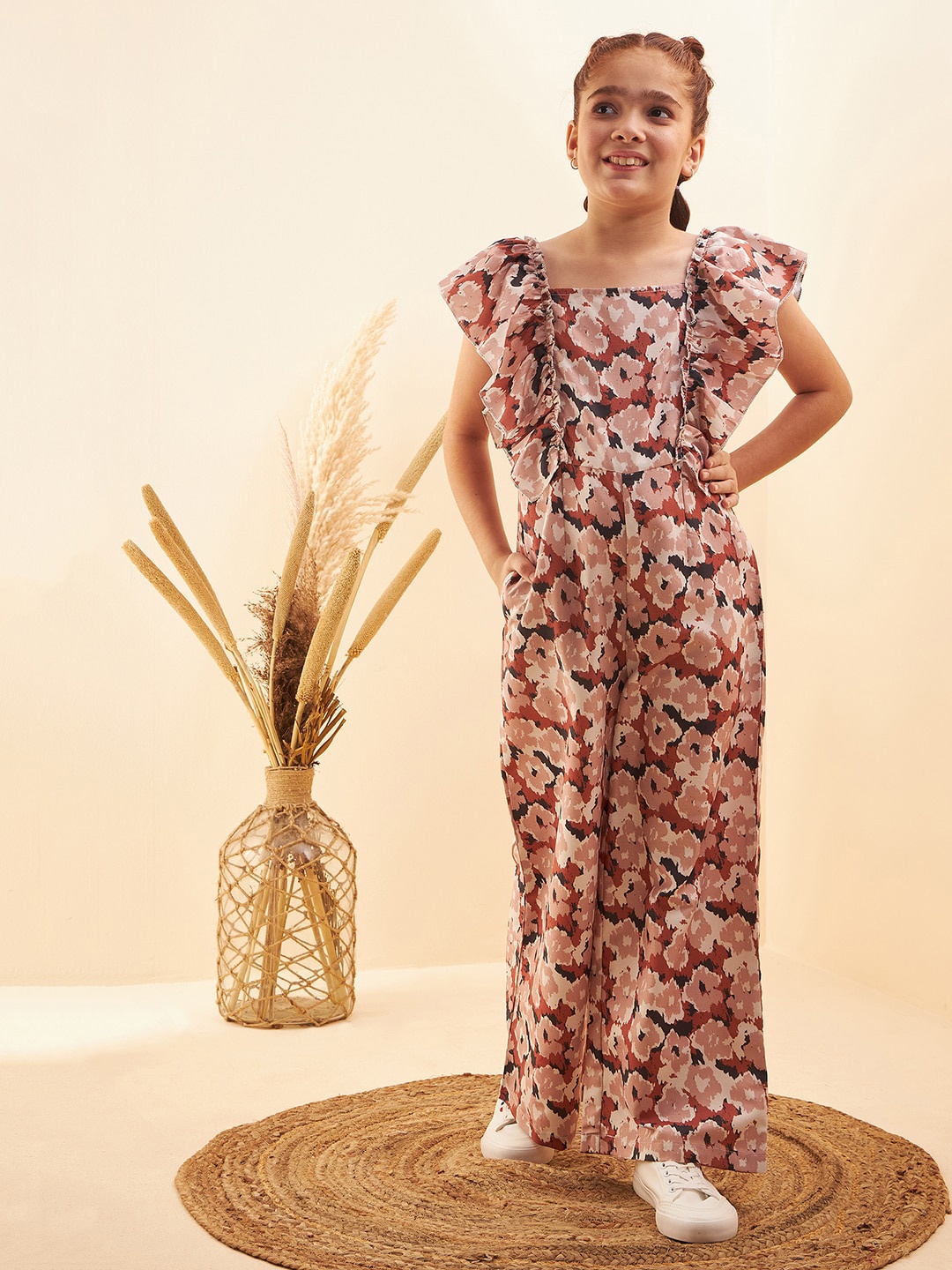 

Cherry & Jerry Girls Floral Printed Flutter Sleeves Basic Jumpsuit, Pink