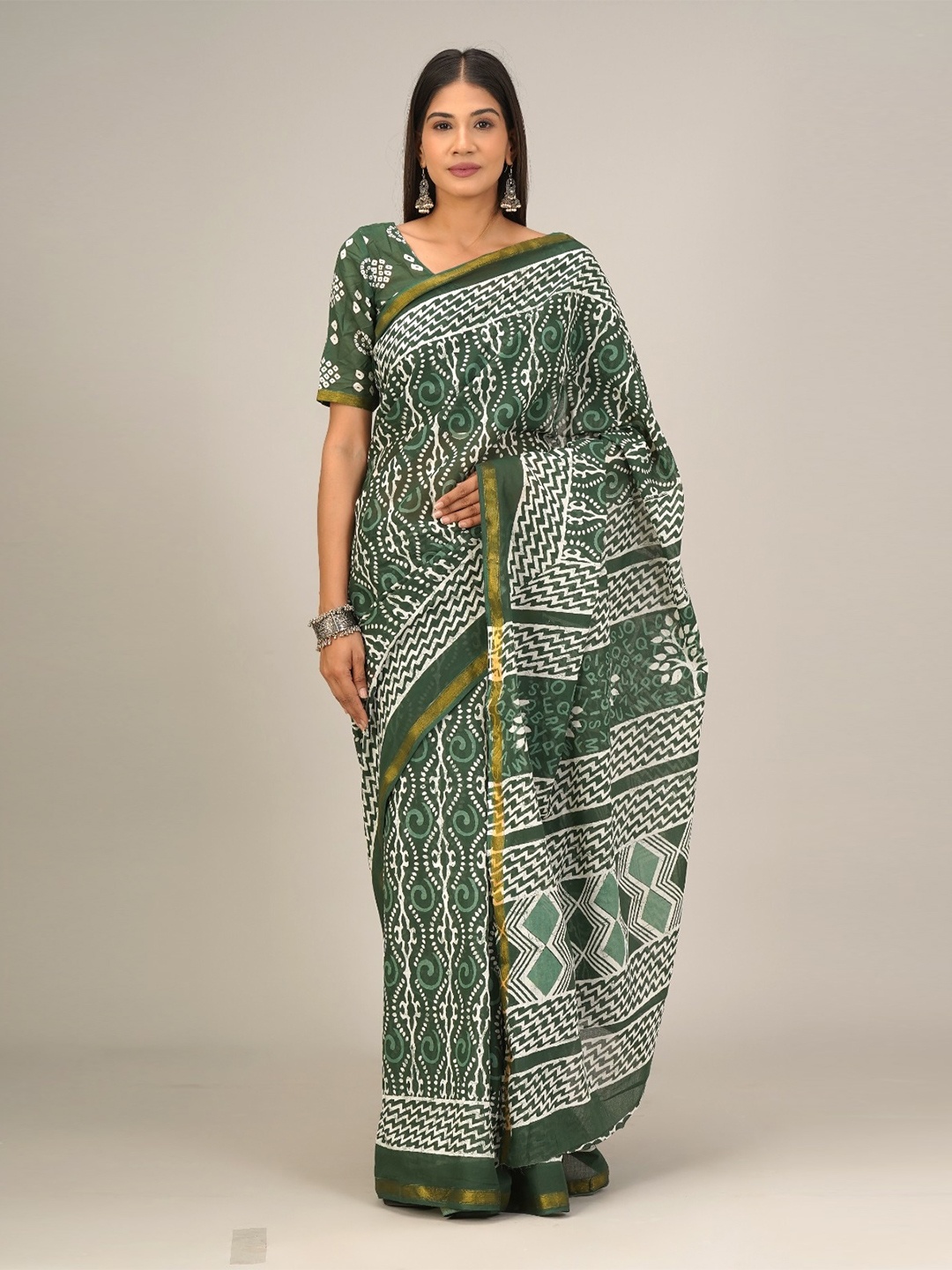 

JALTHER Ethnic Motifs Printed Zari Pure Cotton Saree, Green