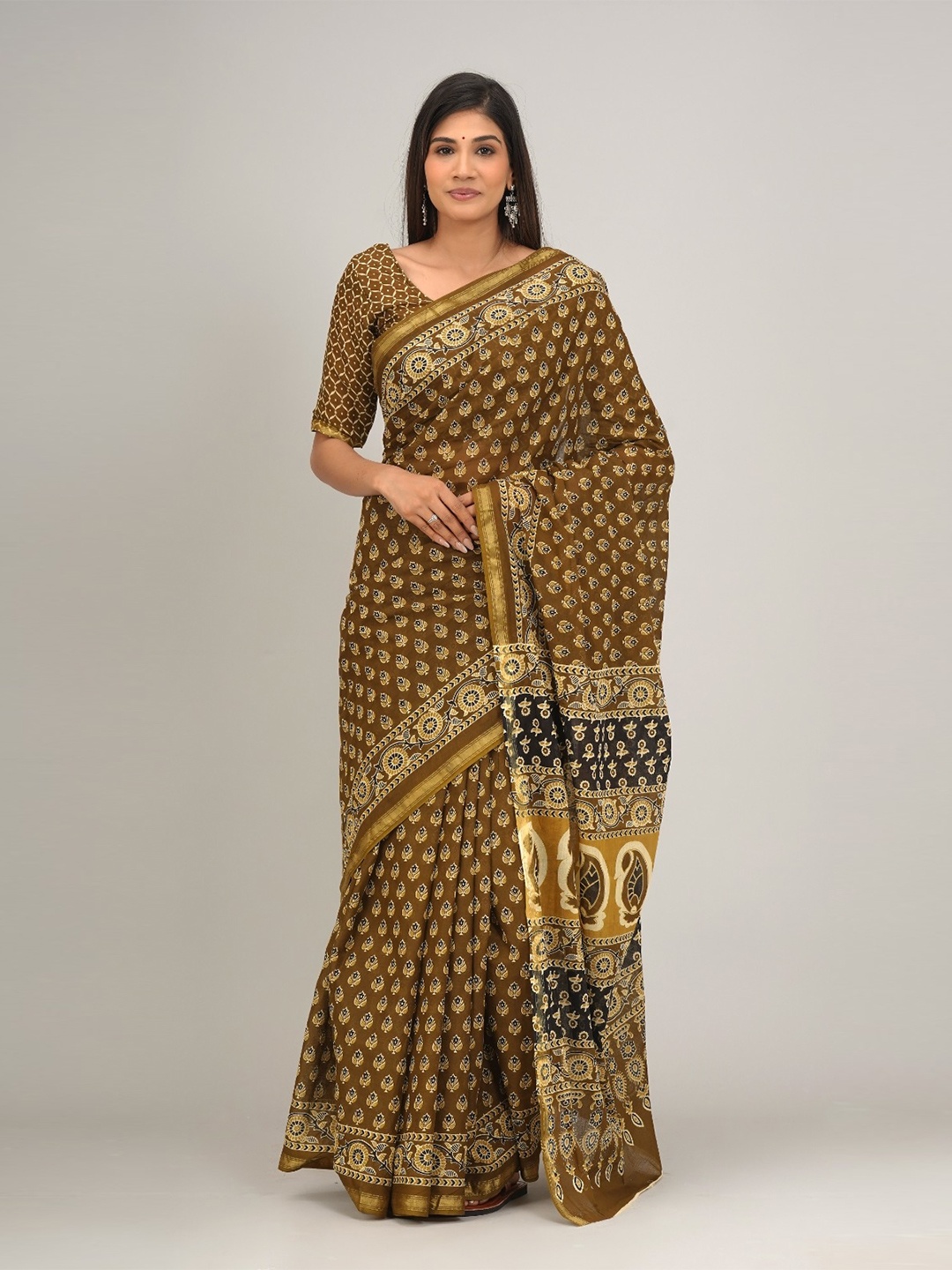 

JALTHER Ethnic Motifs Printed Zari Pure Cotton Saree, Mustard