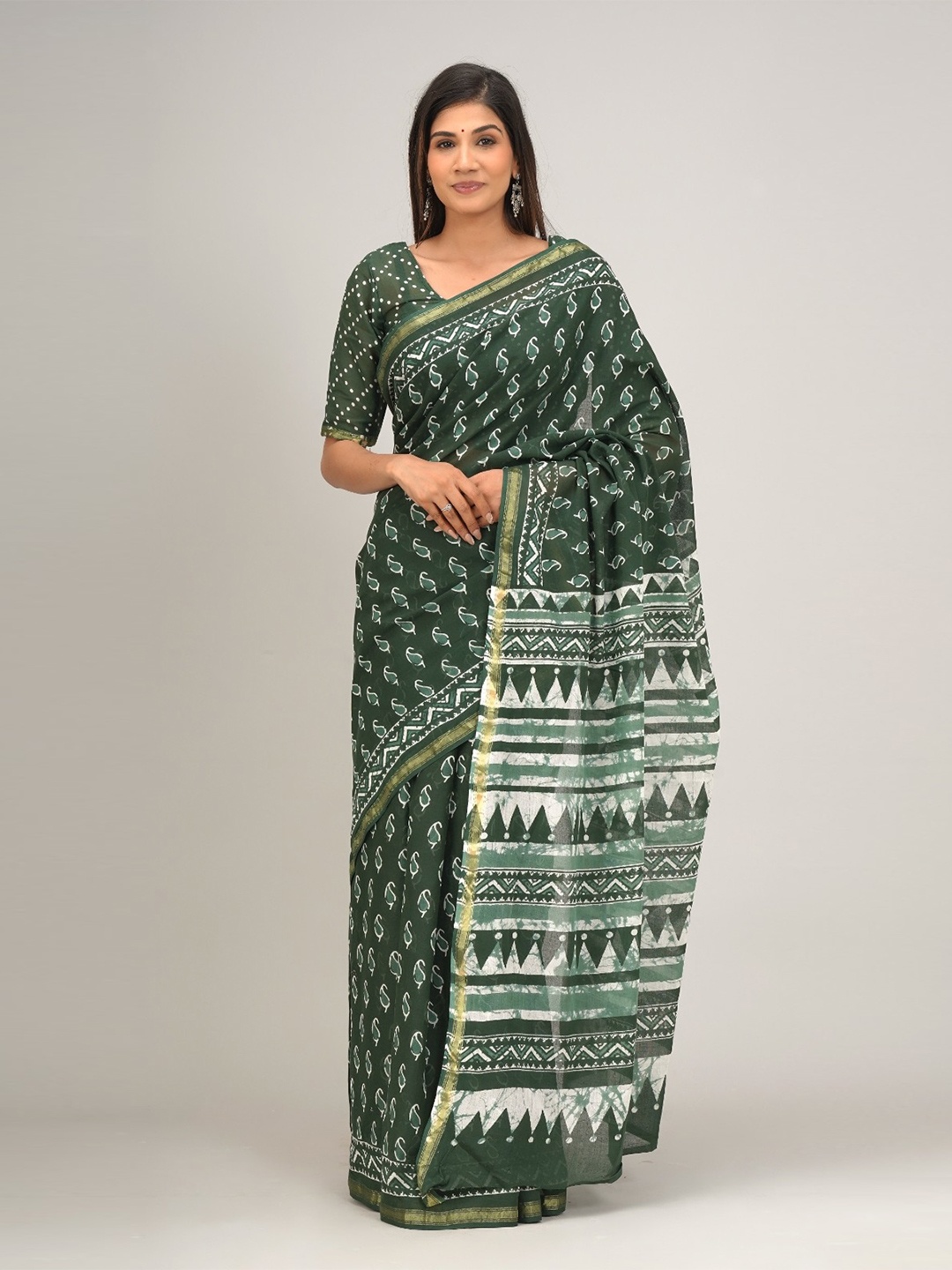 

JALTHER Ethnic Motifs Printed Zari Pure Cotton Saree, Green