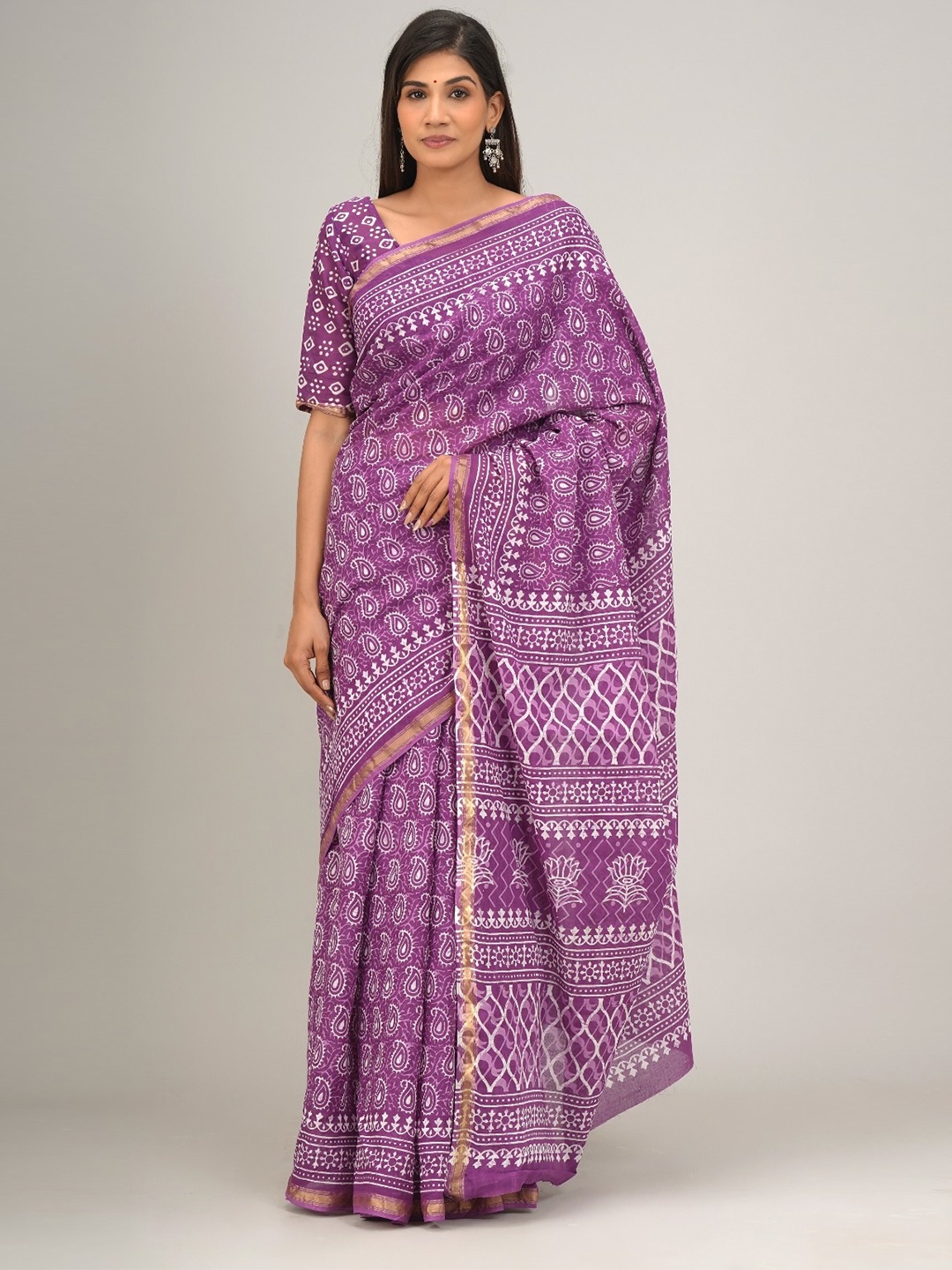 

JALTHER Ethnic Motifs Printed Zari Pure Cotton Saree, Purple