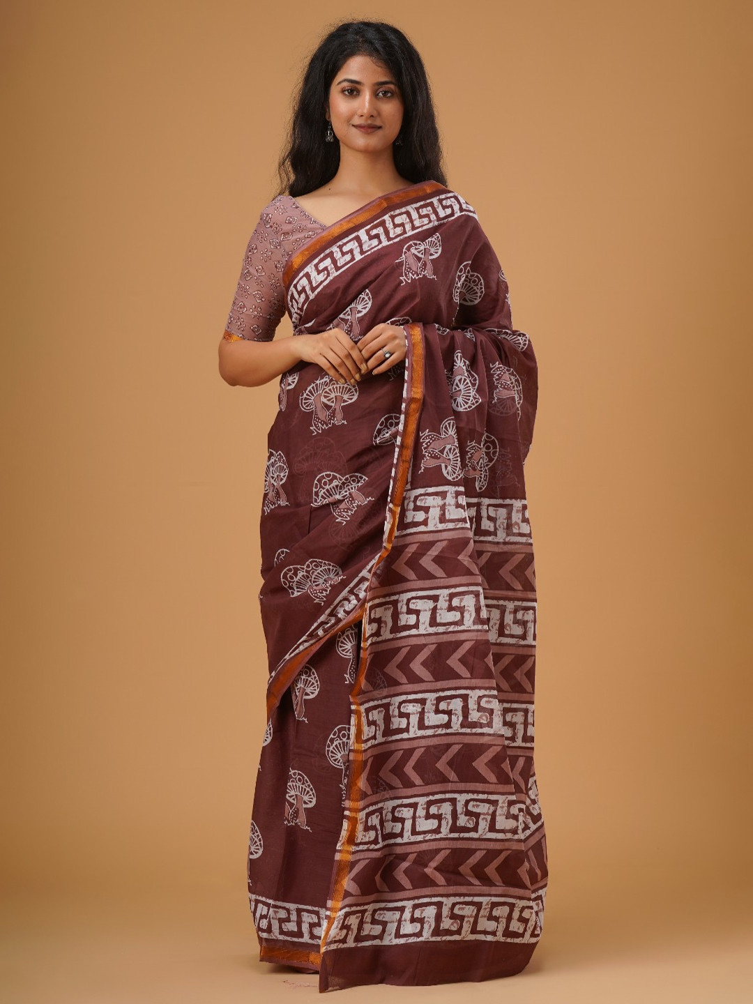 

JALTHER Ethnic Motifs Printed Zari Pure Cotton Saree, Maroon