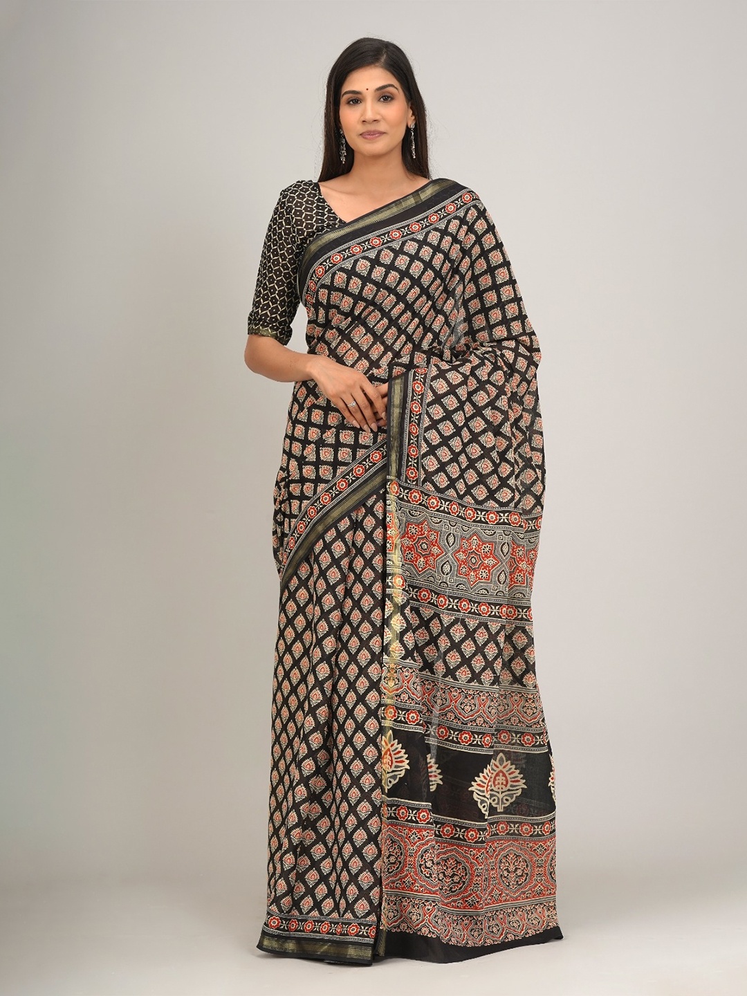 

JALTHER Ethnic Motifs Printed Zari Pure Cotton Saree, Blue